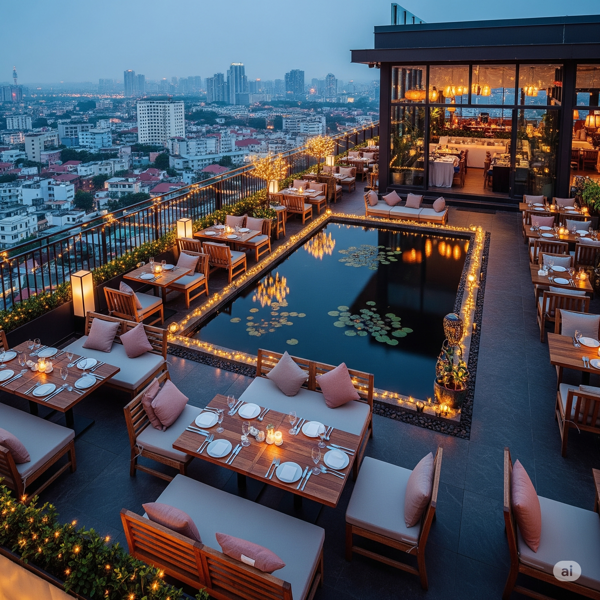 Serene terrace pond with floating lanterns and surrounding lounge seating under string lights at dusk