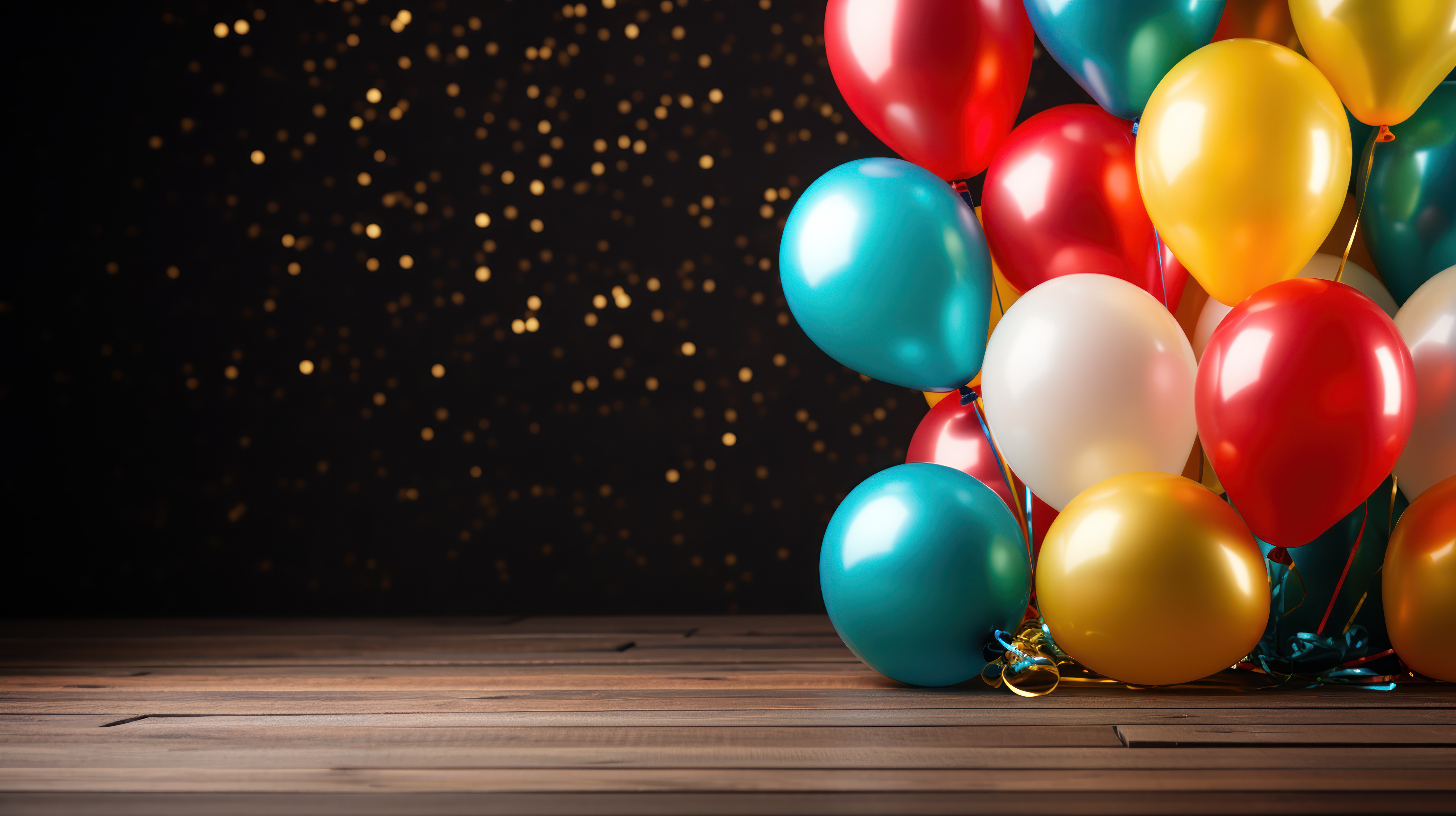 Colorful birthday party decorations with balloons, streamers, and a large birthday cake on a decorated table