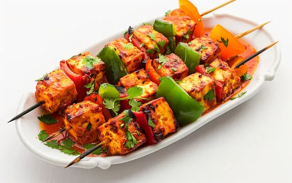 Grilled spicy shrimp skewers with herbs and lemon wedges on a rustic wooden board