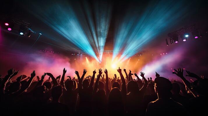DJ spinning music with colorful lights and party crowd dancing