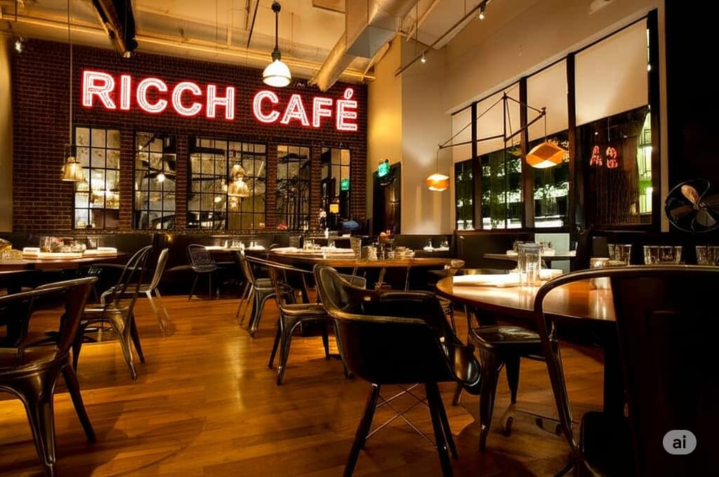 Elegant coffee shop seating with plush leather chairs and wooden tables near large windows