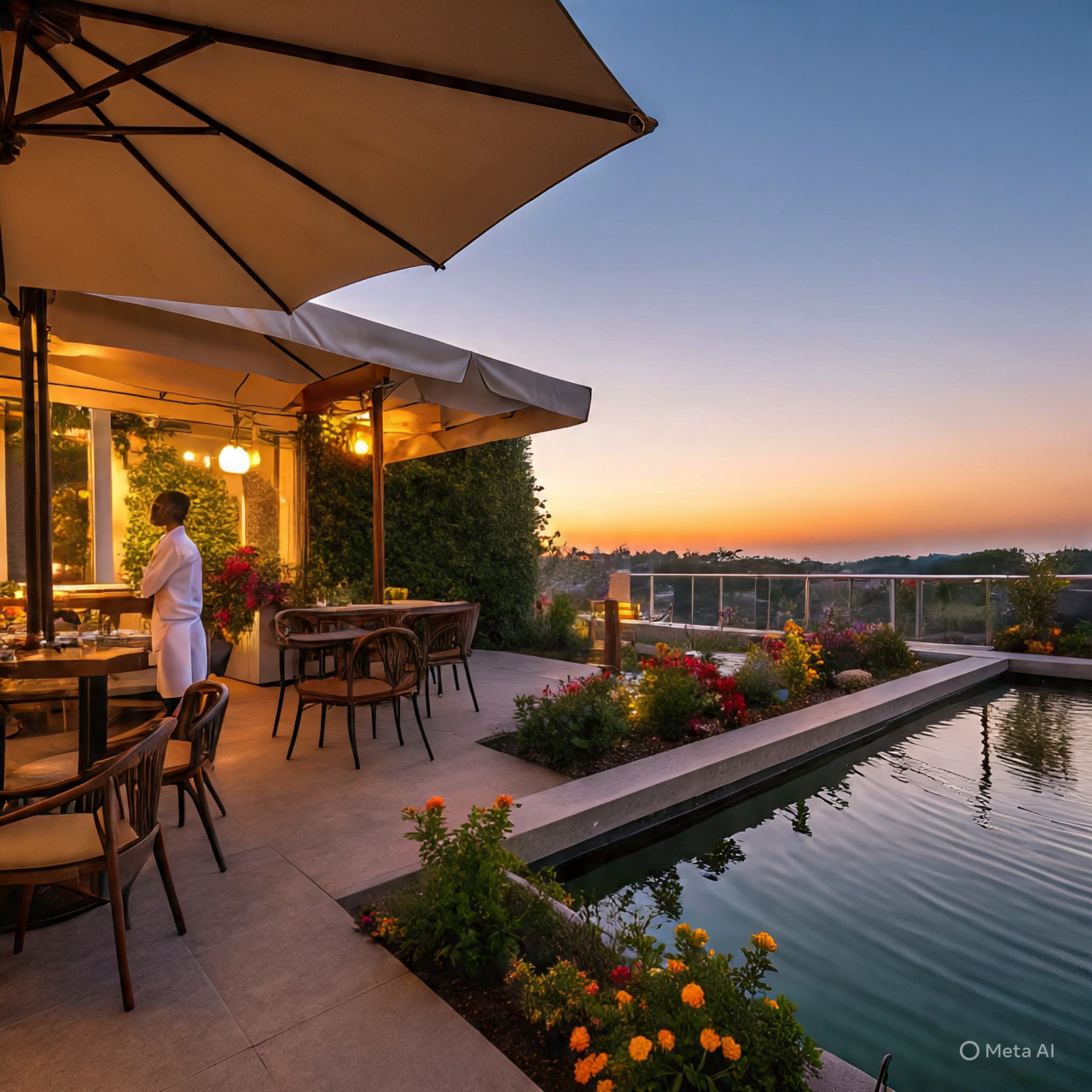 Interior of terrace pond cafe showing glass closure, elegant seating arrangements with plush cushions, warm ambient lighting, and a pond with floating lilies