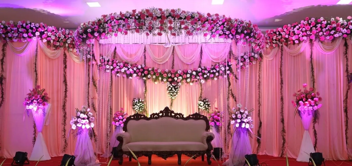Interior of Peacock Banquet Hall with traditional decor and peacock marble design